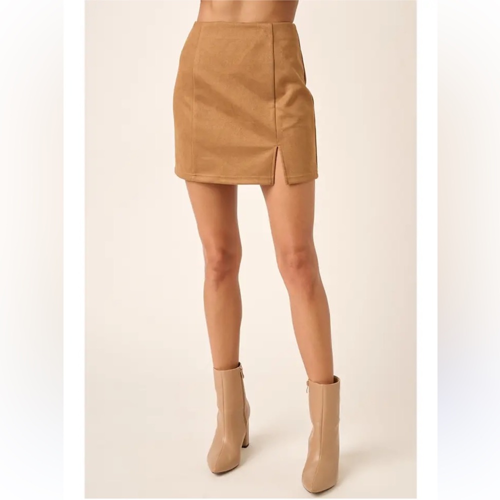 mittoshop Brown Faux Suede Skirt with Front Slit